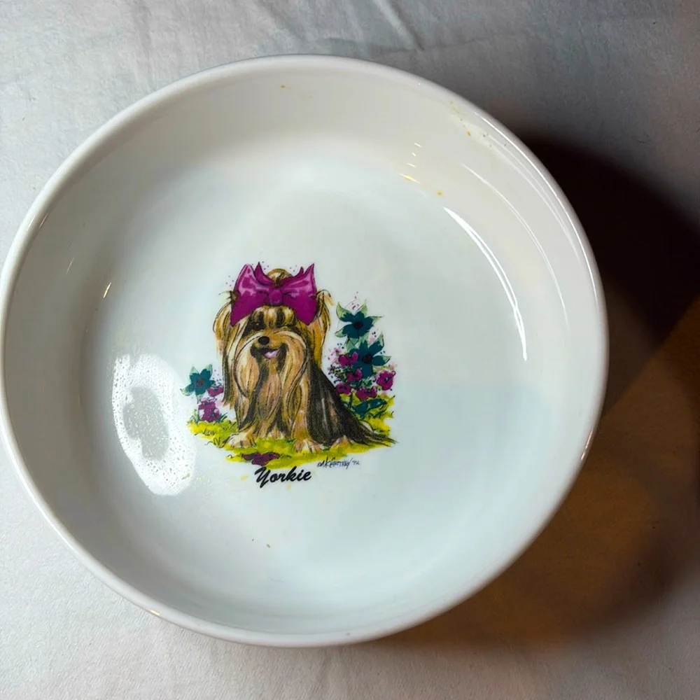Porcelain Dog Dish With Footprints Around and Darling little Yorkie inside